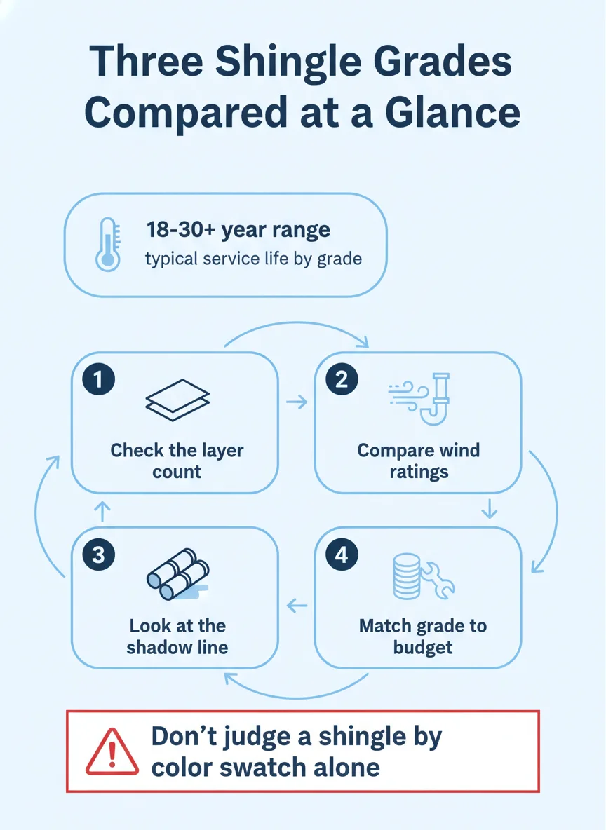 Three Shingle Grades Compared at a Glance