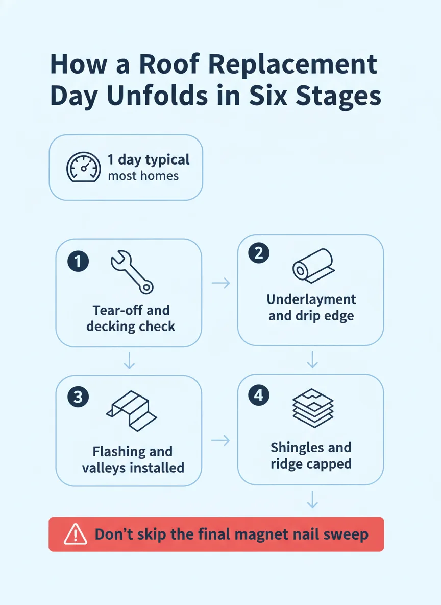 How a Roof Replacement Day Unfolds in Six Stages