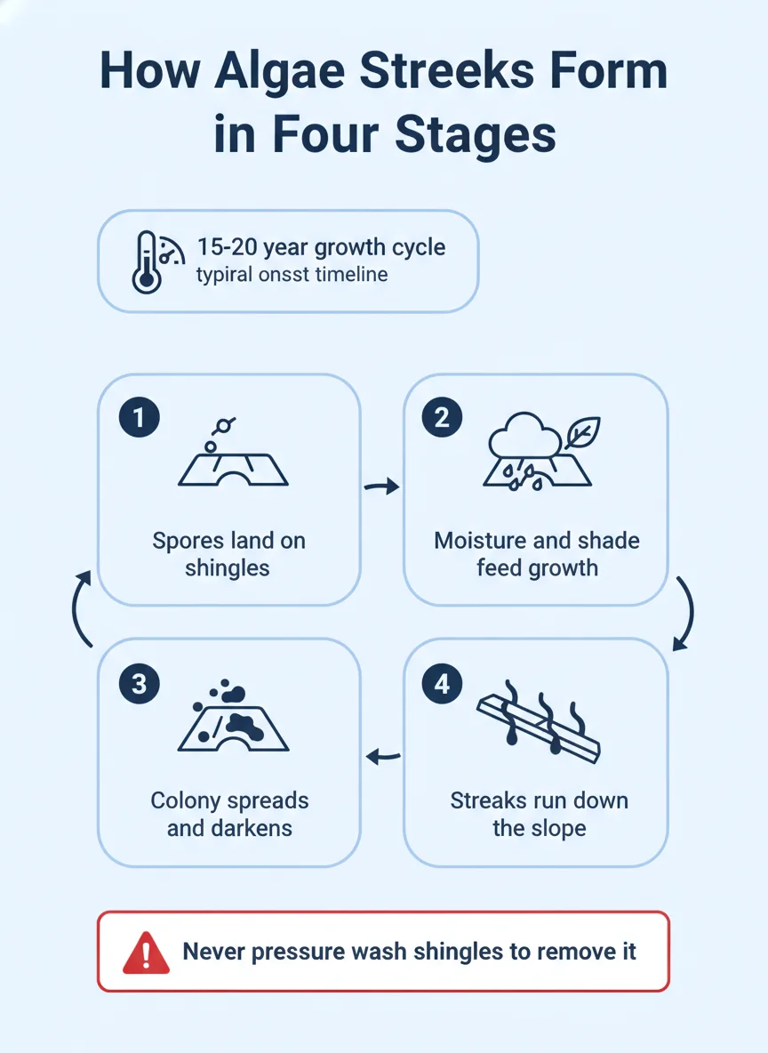How Algae Streaks Form in Four Stages