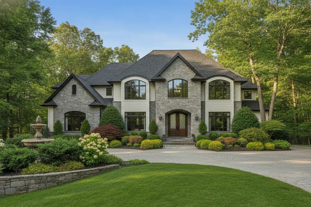 Steep architectural roof on a stone-and-siding home