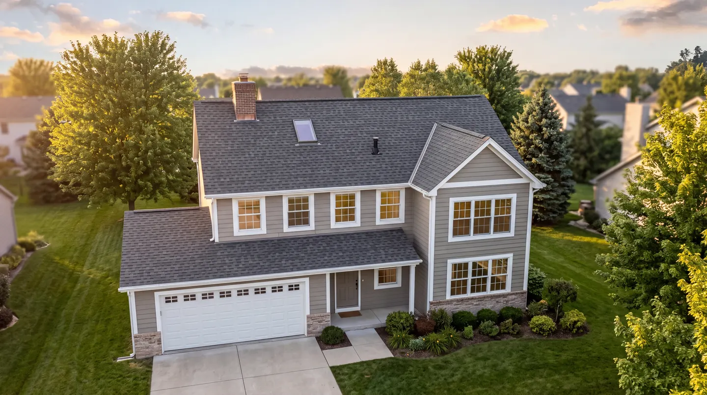 A two-story house seen from above the front yard, showing its roof: the chimney, ridge, skylight, vent pipe, valley, the porch roof against the wall, the shingles and the gutters