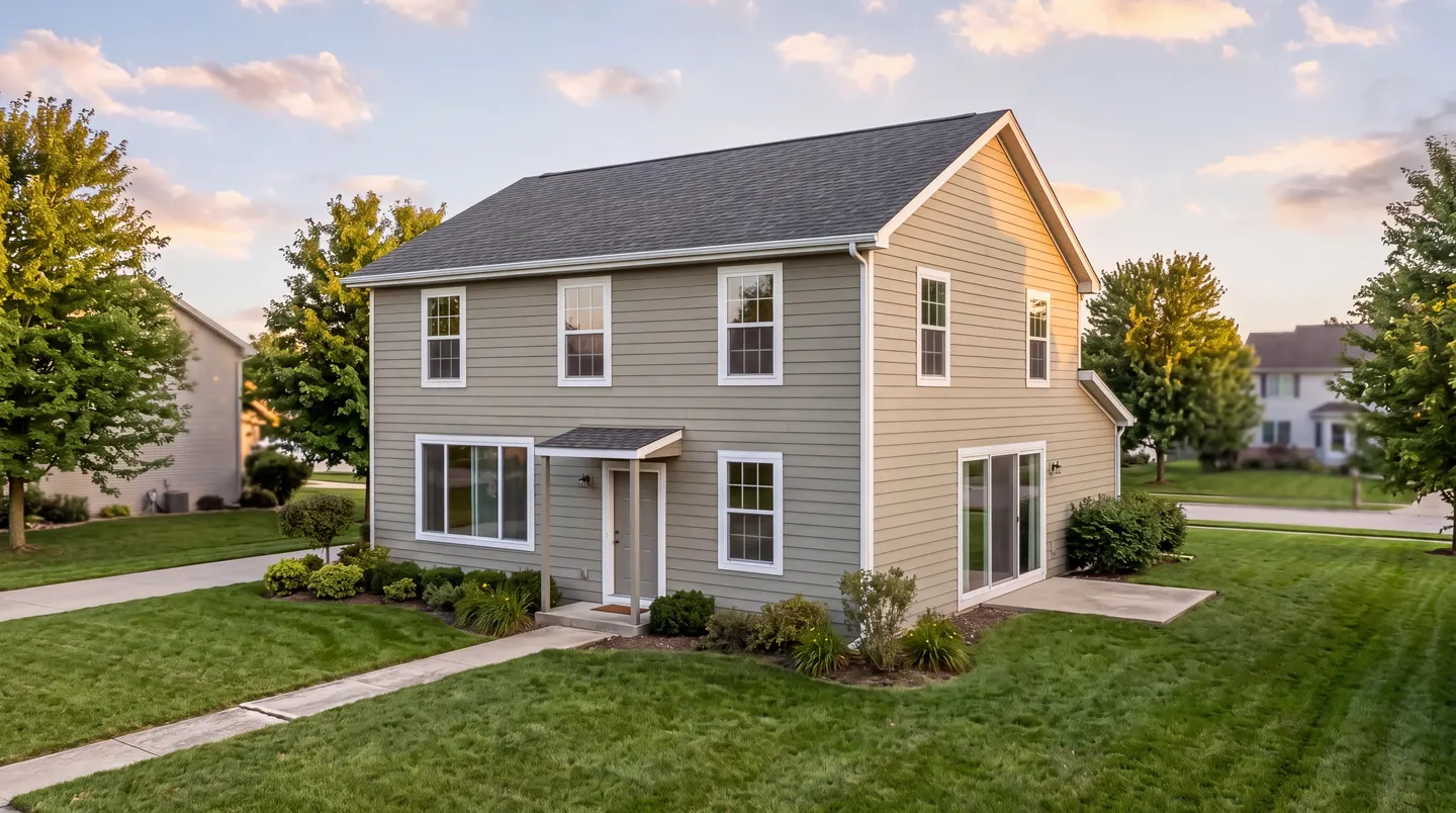 The front of a two-story house seen from across the yard: the upstairs windows, a picture window, the front door, and on the side wall a window, a sliding patio door and the siding
