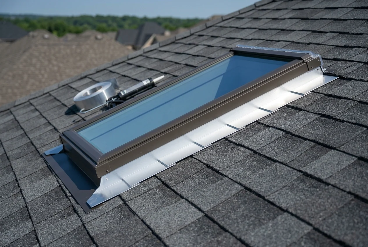 Skylight set into a shingle roof with new flashing sealed around the curb